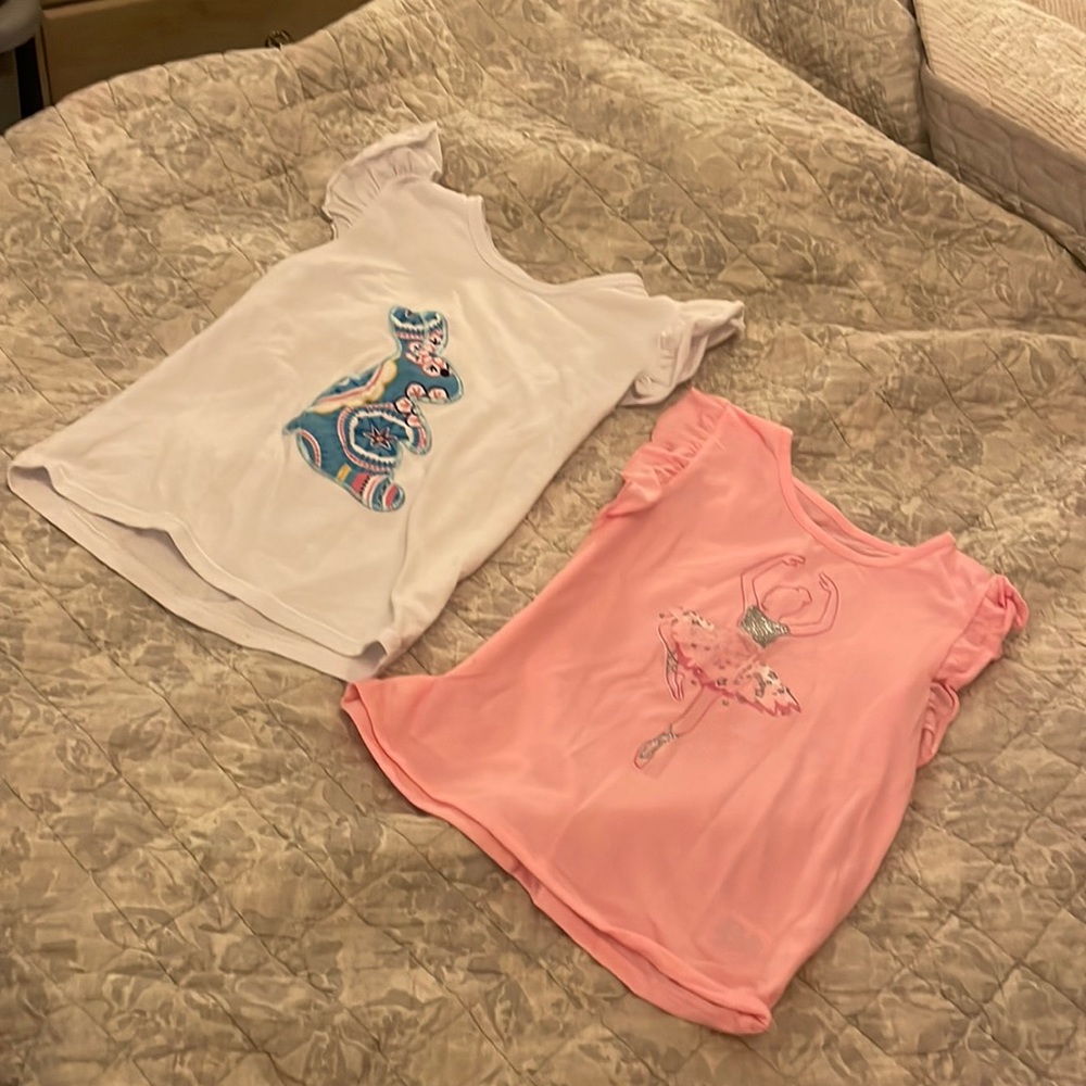 2 girl t-shirts white shirt with a bunny and pink shirt with a ballerina